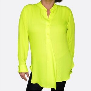 Neon Yellow High-Low Tunic Blouse 0X L Long Sleeve Sheer Statement Top